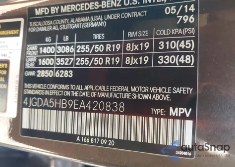 2014 Mercedes-Benz Ml 350 4Matic из США, поврежденный, VIN 4JGDA5HB9EA420838